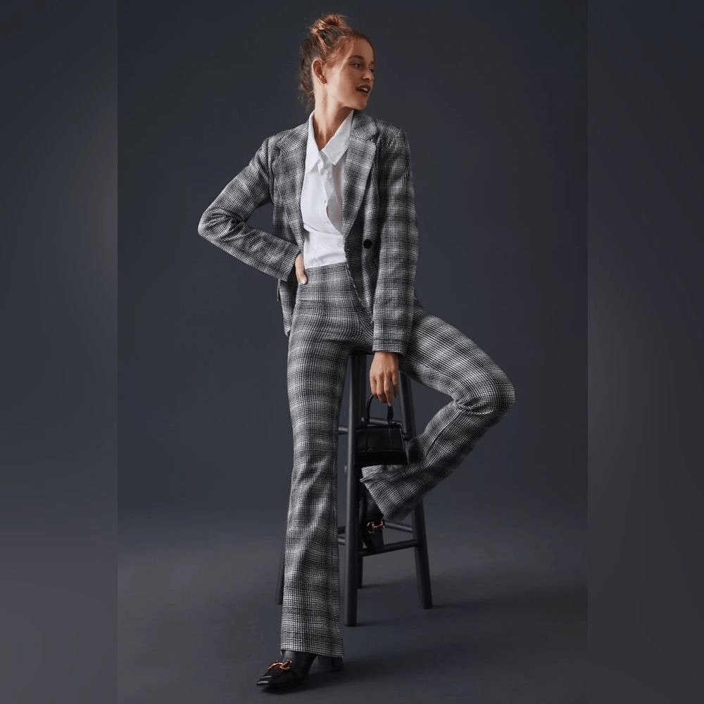 MAEVE by ANTHROPOLOGIE Flare Pants Black and White Gingham Plaid, Bell Bottoms